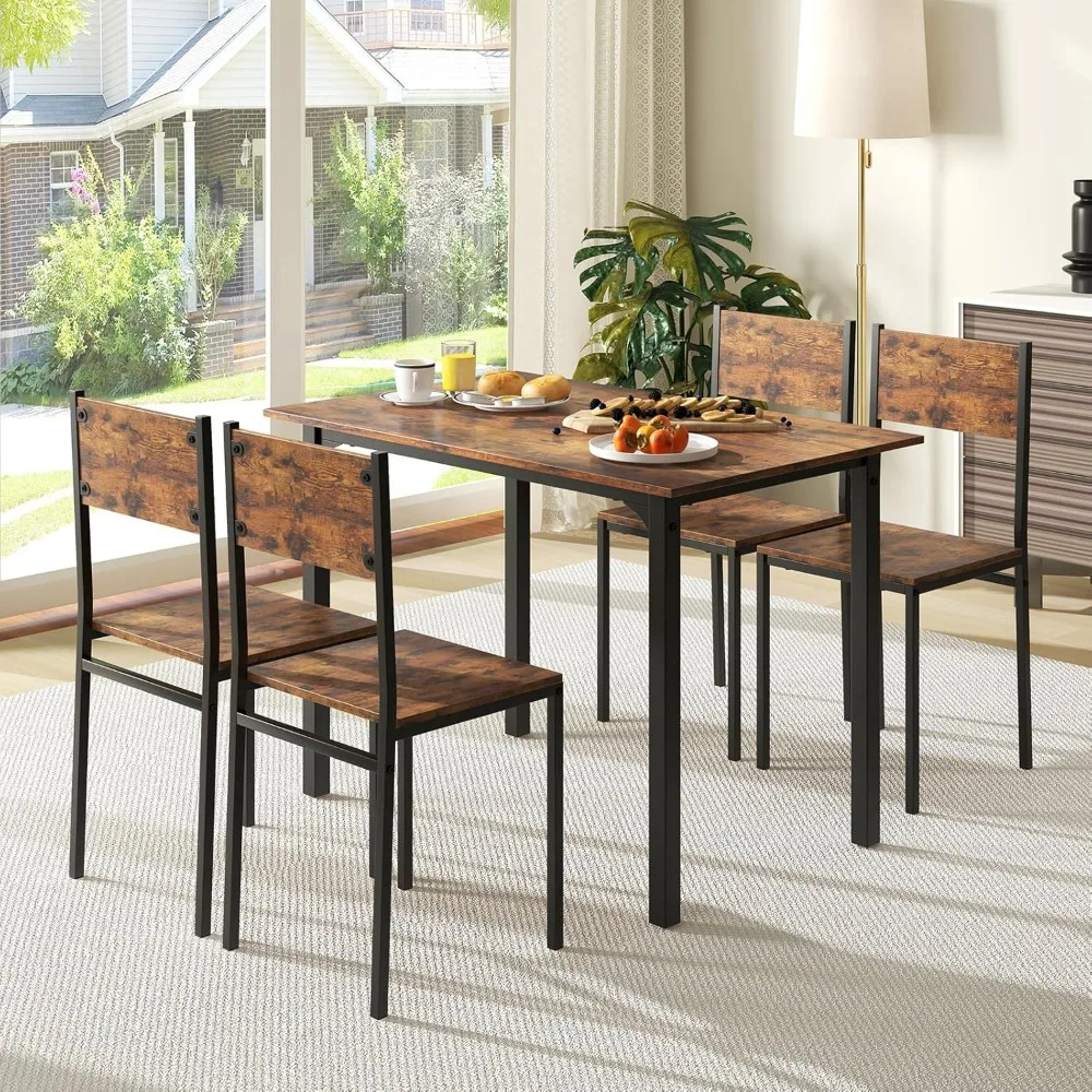Dining Table Set for 4, 5-Piece Kitchen Table Set with Dinner Table, Dining Chairs, Metal Frame, Space-Saving Dinette Se