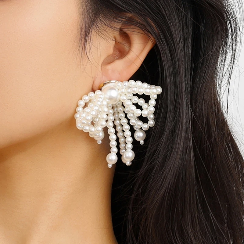 

Elegant Pearl Dangle Earrings For Women Bow Knot Beading Earrings Accessories White Tassel Exaggerated Earrings Jewelry Set