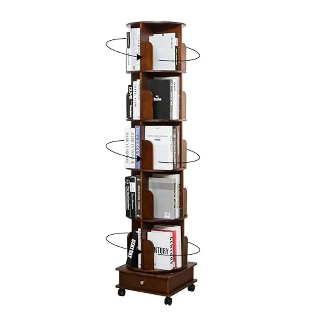 

Solid Wood 360° Rotating Bookshelf Tower with Drawers Home Space Saving Round Bookcase Storage Organizer Bedroom Pine Wood Pole