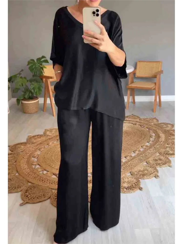 Elegant V-neck Short-sleeved Solid Color Top + Wide-leg Pants Two-piece Set For Women Autumn Fashion Casual  Loose Suit Female