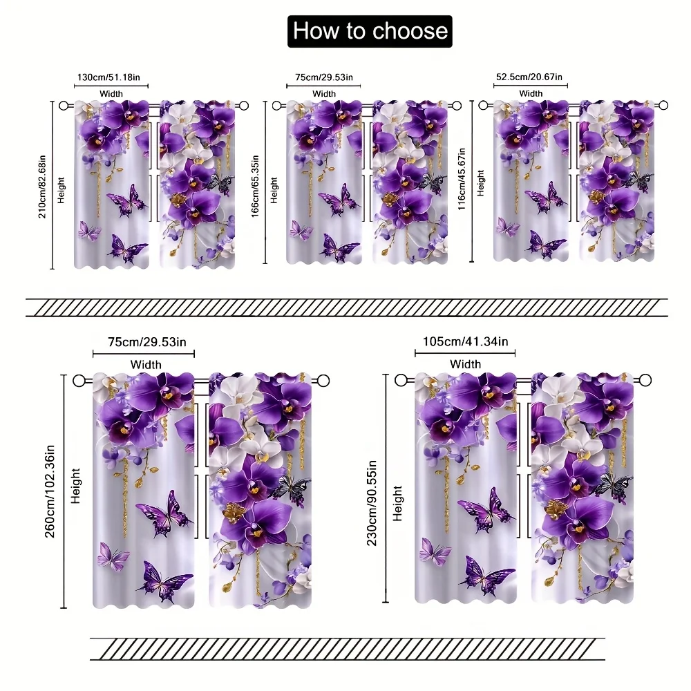 2pcs Orchid Butterfly Print Curtains, Purple White Floral with Golden Accents, Easy Hang Design for Multi-Room Decor