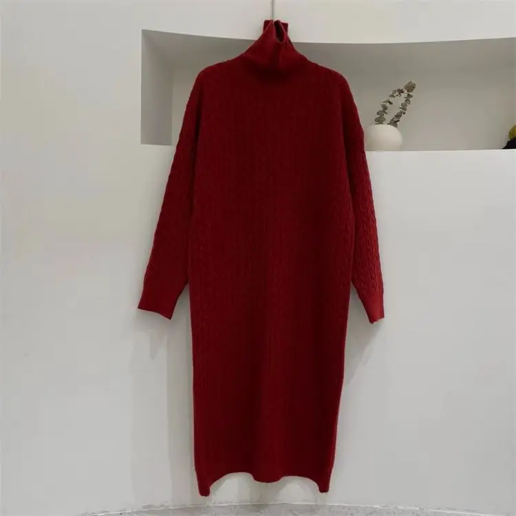 Dresses Women Knitted Long Dress Pullover Turtleneck Autumn Winter Thick Knitting Sweater Maxi Gown Vintage Casual Vestidos