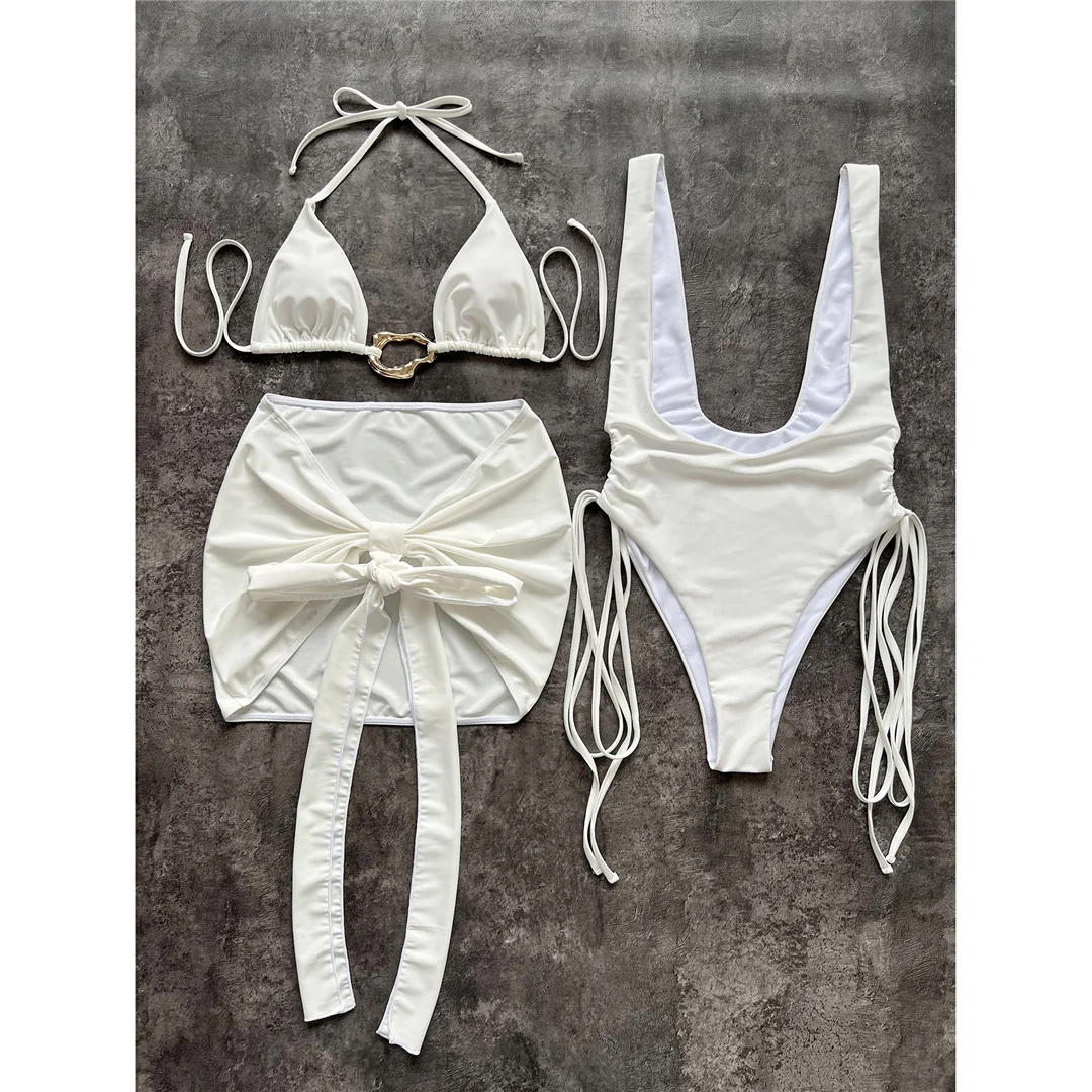 Mit Rock, Neckholder, Metallring, Bikini, Damen-Badebekleidung, dreiteiliges Bikini-Set, gepolsterter Badeanzug, Badeanzug, Schwimmbekleidung V7077 – Detail 3