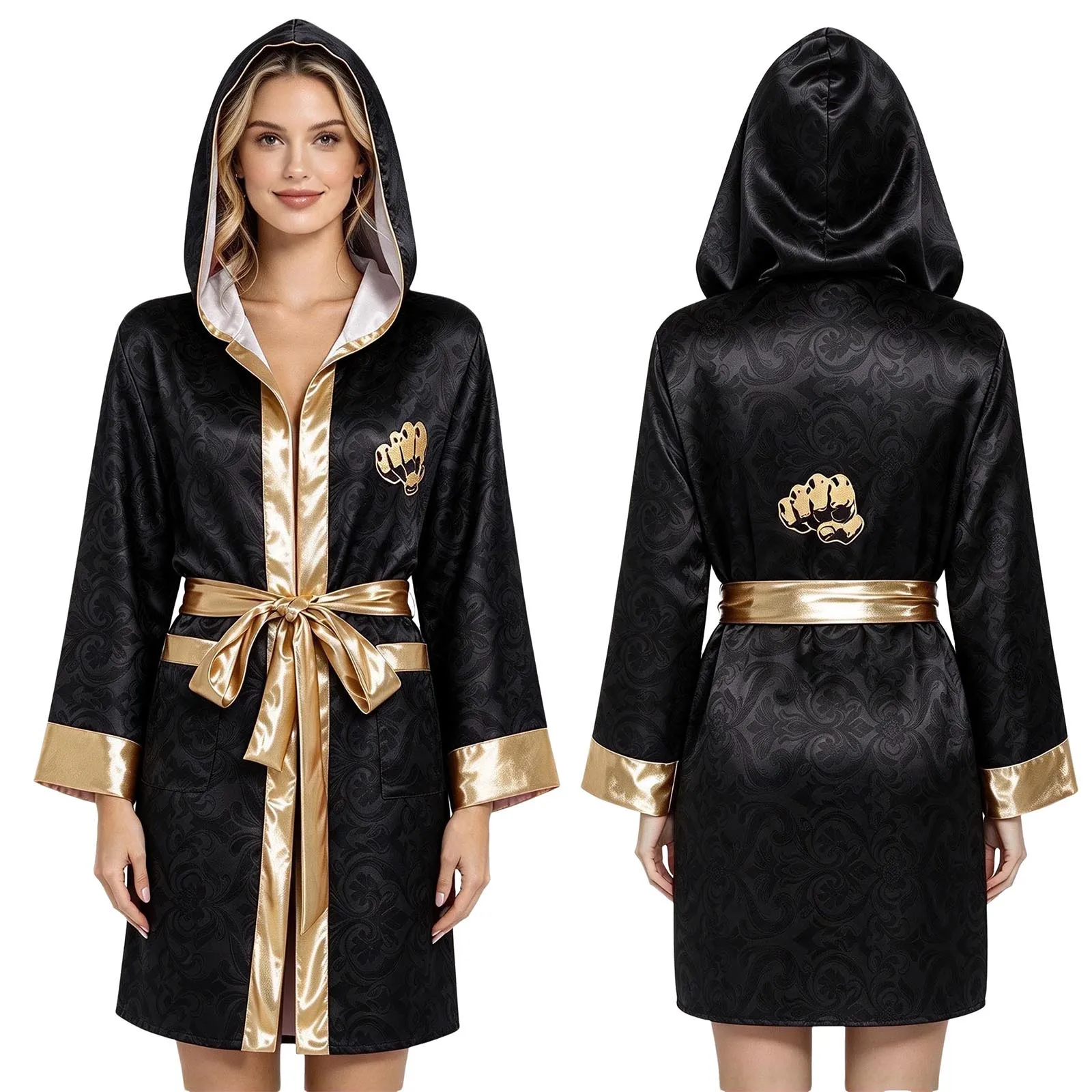 Women Men Hooded Boxing Robe Long Sleeve Open Front Print Pugilism Cloak with Metallic Belt Halloween Boxer Performance Costume