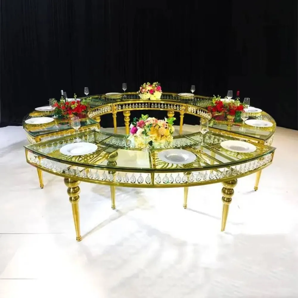 Luxury Gold Stainless Steel Wedding Dining Table | Glass Top Event Banquet Table for Hotel, Party & Event Decoration
