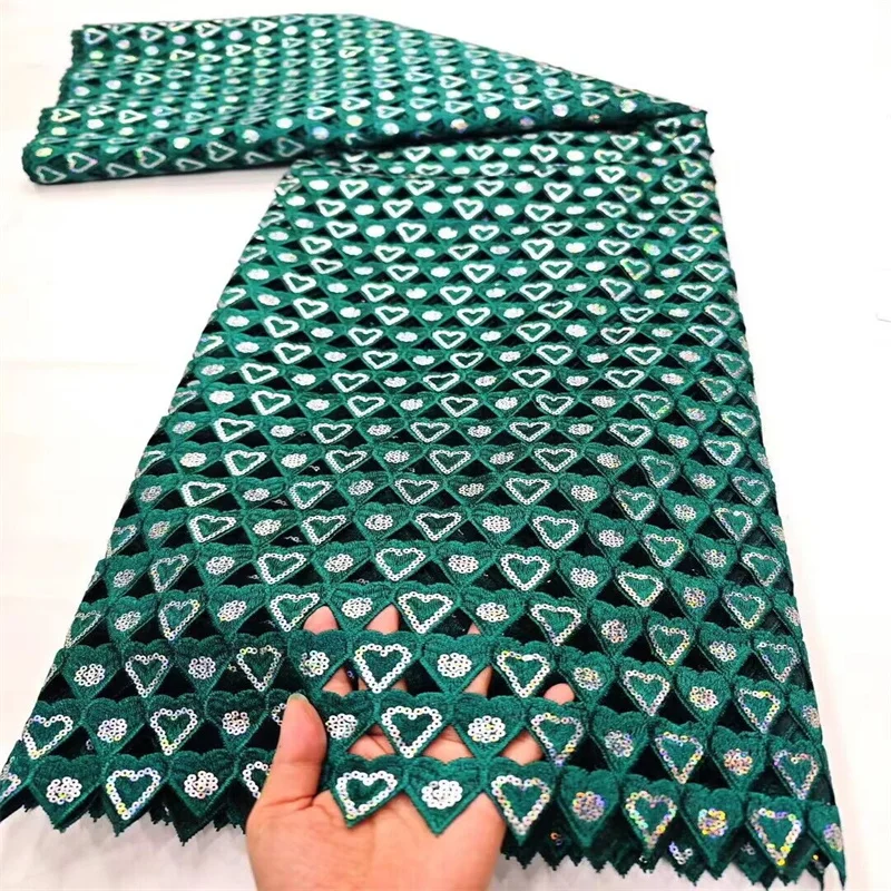 Green High Quality African Guipure Cord Lace Fabric Nigerian Sequins Tricolor Water Soluble Lace for Sewing Women Dresses 2024