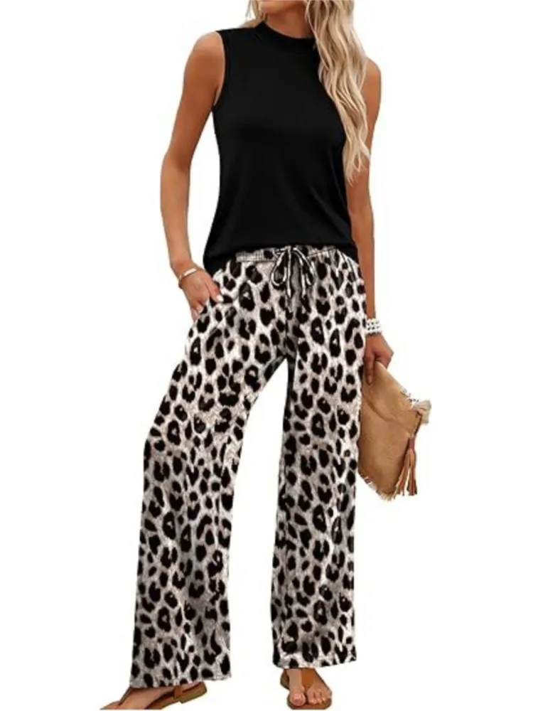 

New Sleeveless Top + Straight Leg Pants Womens Two-piece Set Summer Fashion Solid Color Top Pants Suit Lady Casual Office Outfit