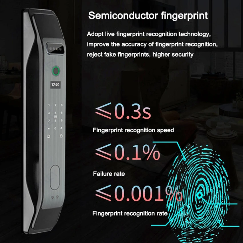 Night Vision 3D Face Recognition Automatical Smart Door Lock with Camera Monitor APP Fingerprint Digital Code Card Mobile Unlock