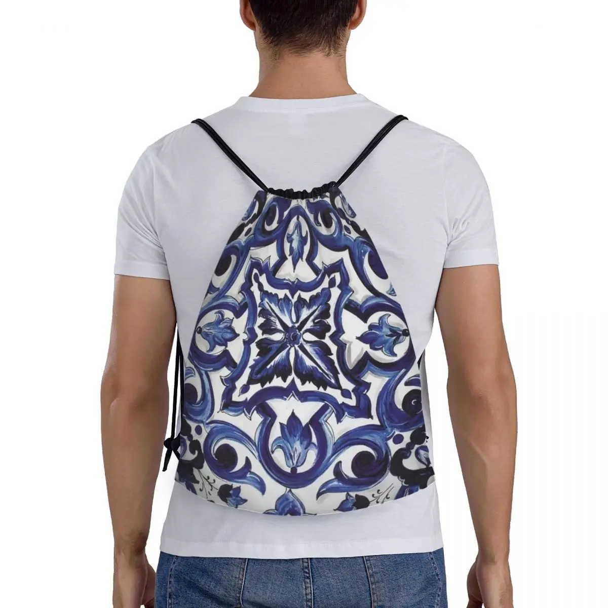 

Blue Ornate Floral Mediterranean Sicilian Tile Backpacks Fashion Drawstring Bags Sports Bag Book Bags For Man Woman Students