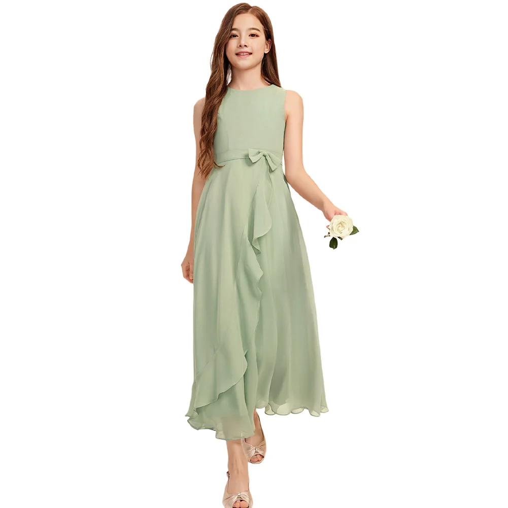 Ein salbeigrünes Junior-Brautjungfernkleid mit U-Ausschnitt, knöchellanges Chiffon-Blumenmädchenkleid mit Schleife für die Hochzeitsfeier von Kindern