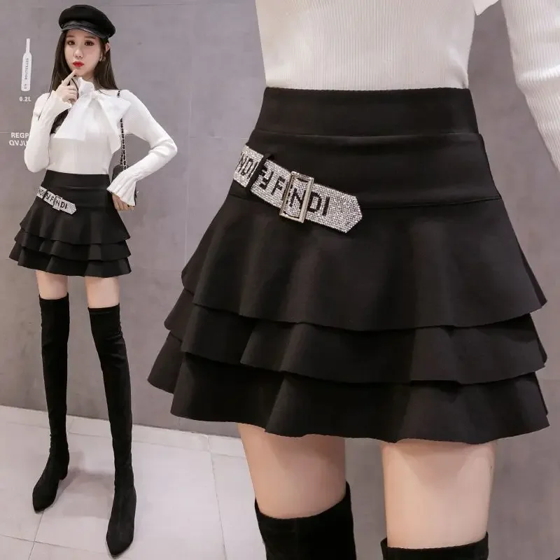 

Cake Skirt Female Autumn/winter Korean Version High-waisted Slimming Anti-slip Shampan Skirt Hot Drill A-line Short Culottes