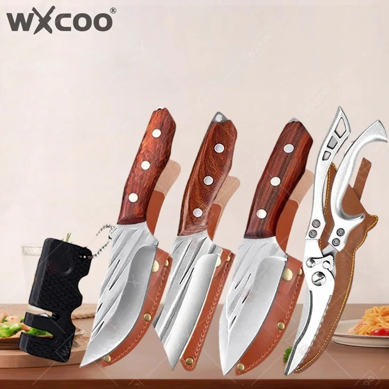 

Набор кованых ножей мясника с деревянными ручками: кухонный нож, нож для разделки мяса из нержавеющей стали, нож для барбекю, разделочная доска