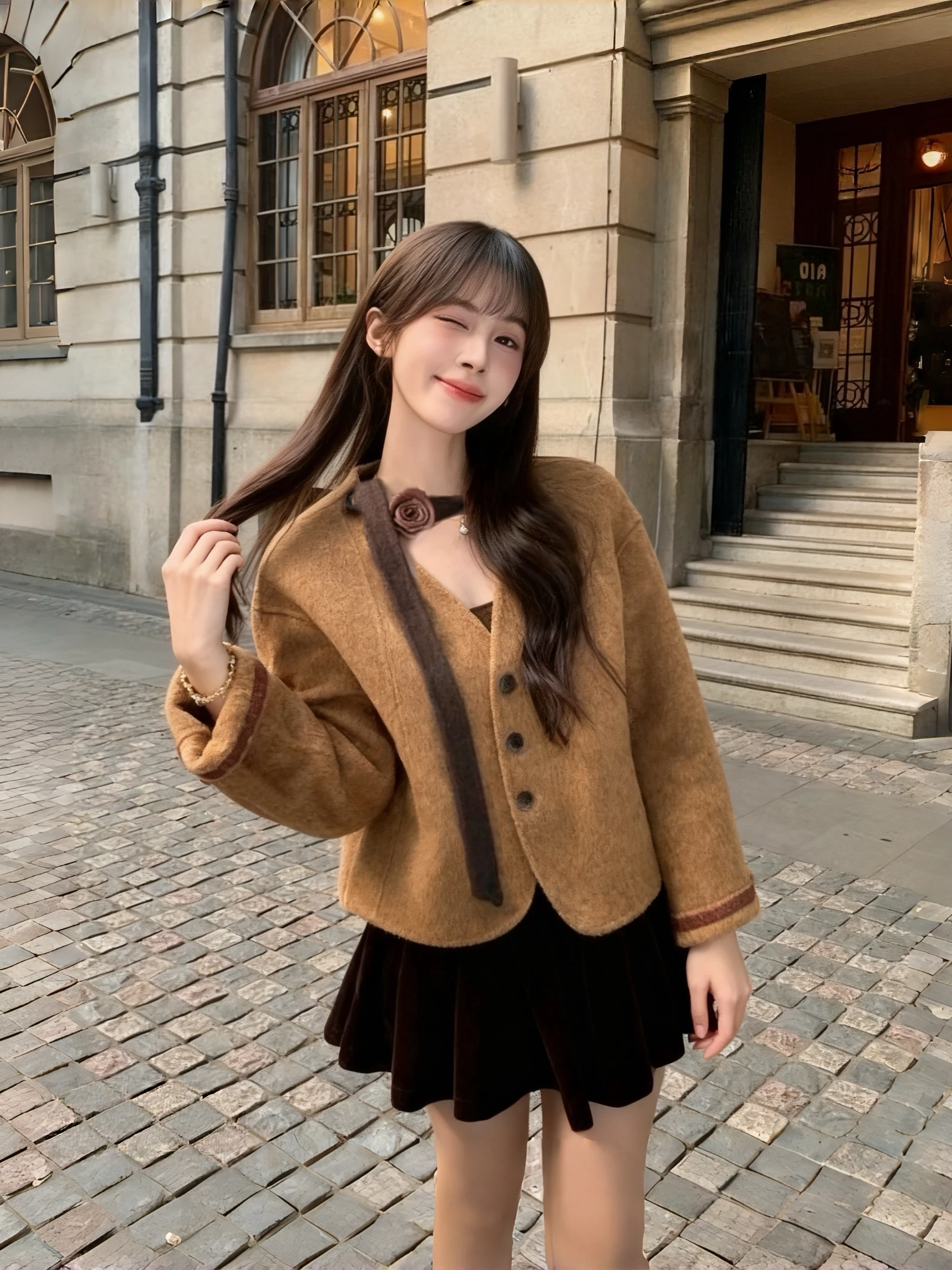 

Корейское винтажное двустороннее шерстяное пальто-куртка для женщин, свободного кроя, с эффектом похудения, универсальное, из овечьей шерсти