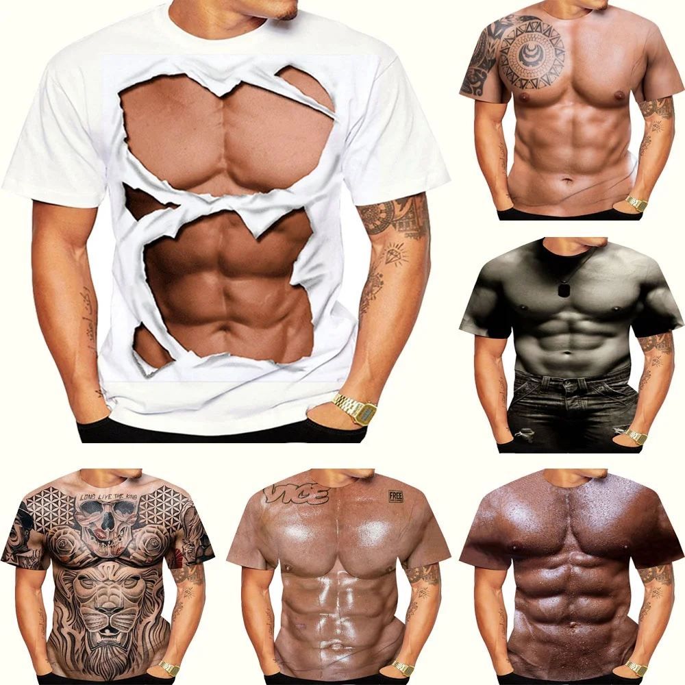 2024 Muscle Men\'s Fashion Cool 3D Art Printed T-Shirt Casual Funny Ripped Six Pack Abs Muscles Printing T Shirts For Man Tops