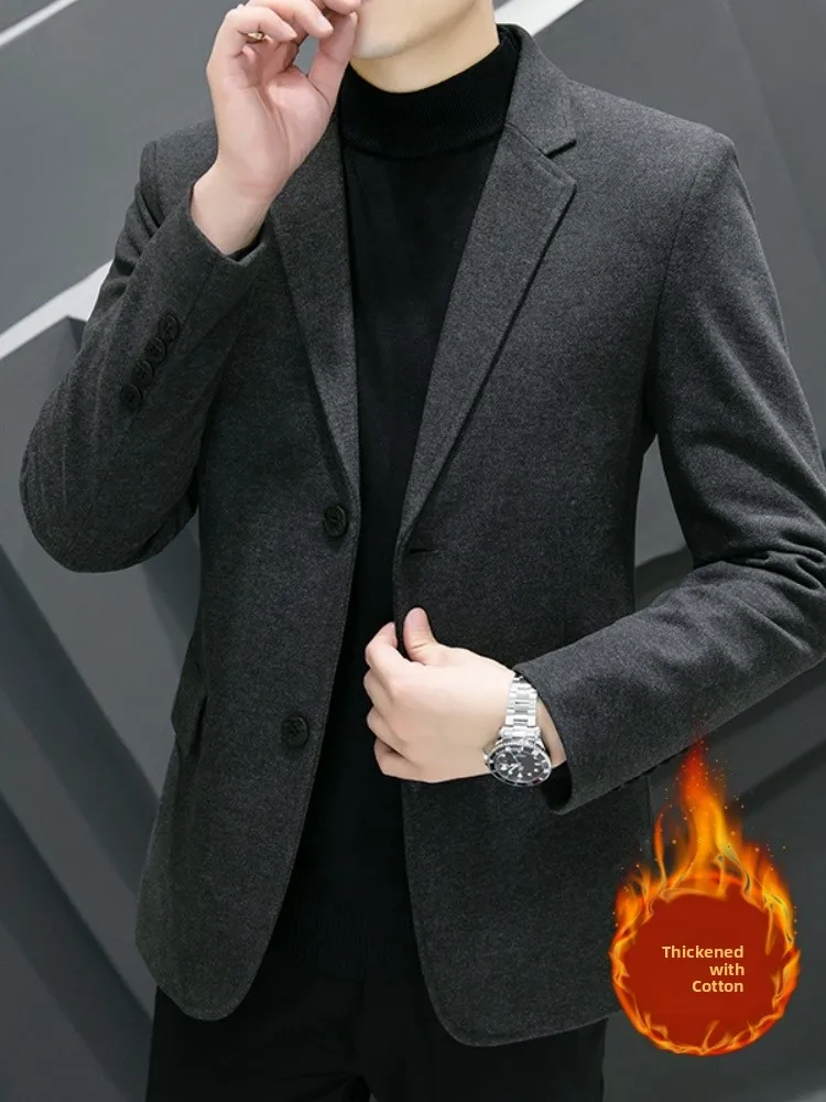 

Men's Woolen Suit Thi Warm Sle Korean Version Busin Casual Coat Autumn Winter Thiened Cotton Added Outerwear