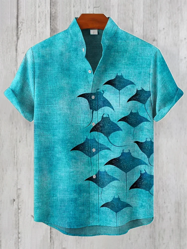 

Bohemian Sea Men's Manta Rays Art Print Linen Blend Casual Shirt Young Japanese Single Breast Short Sleeve Summer Spring Blouses