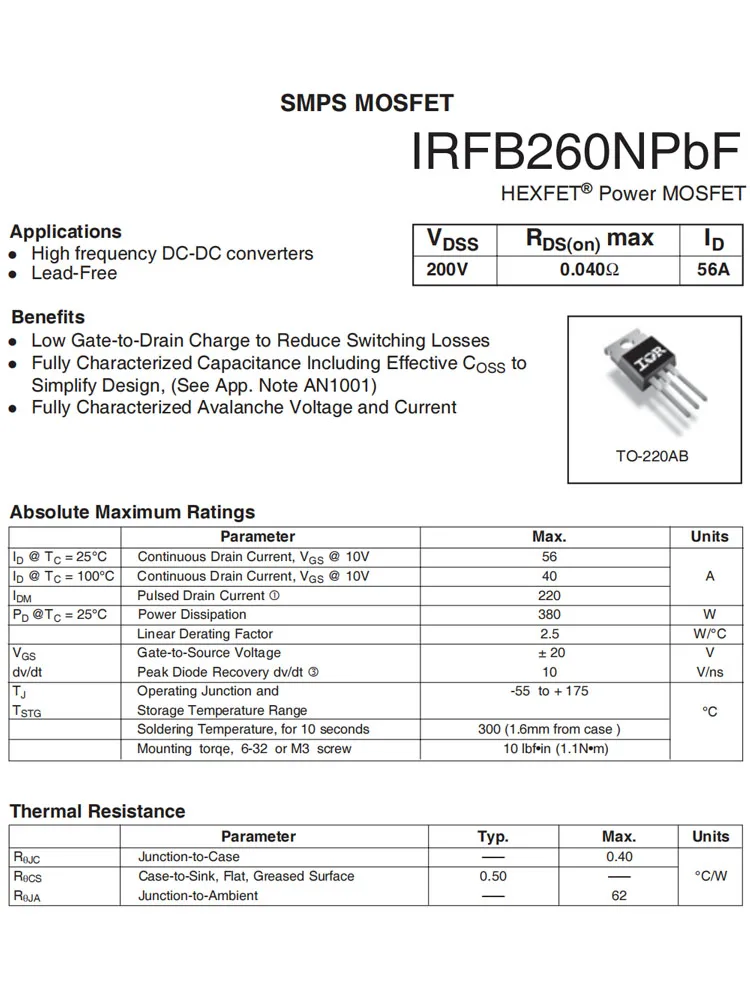 IRFB260N IRFB3006G IRFB3004 IRFB3256 IRFB3307 IRFB3307Z IRFB3507 IRFB4110 IRFB4115 IRFB4127 IRFB4215 IRFB4227 TO-220 1pcs