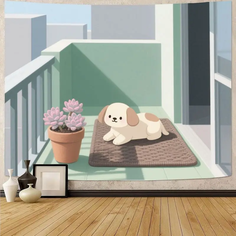 

1 шт., кавайный милый мультяшный собачий балконный гобелен с сочными растениями, эстетическое настенное искусство для спальни, гостиной, декора в общежитии, подарок для