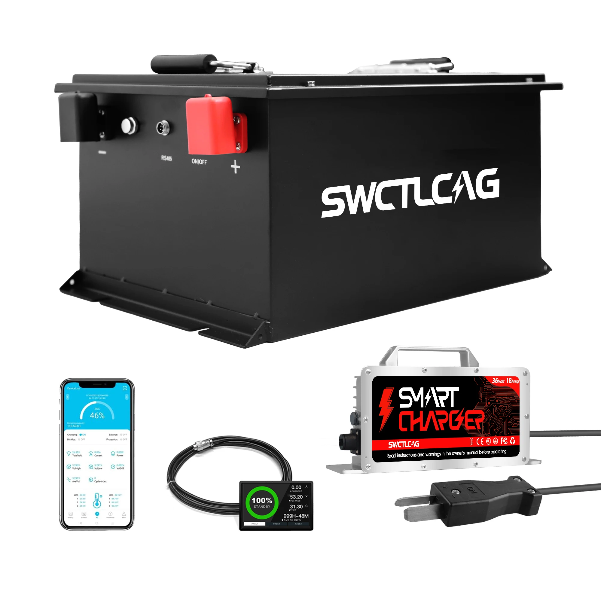 

36V 105Ah LiFePO4 Battery with BMS Charger for Club Car EZGO Yamaha Golf Carts, Support BLUETOOTH APP MONITORINGLCD TOUCH SCREEN