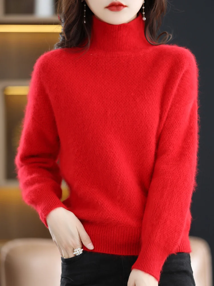 Winter New 100% Mink Cashmere Sweater Women\' High Neck Thicken Large Size Tops Jacquard Knitted Pullover Loose Warm Base Shirt