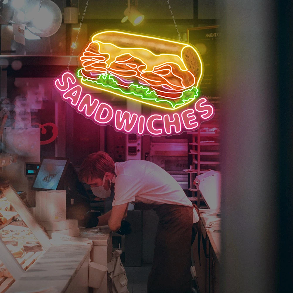 Sandwiches Neon Bord Ontbijt Bakkerij Decor Custom Business Neon Bord Sandwich Muur Decor Restaurant Fastfood Welkom Led Licht