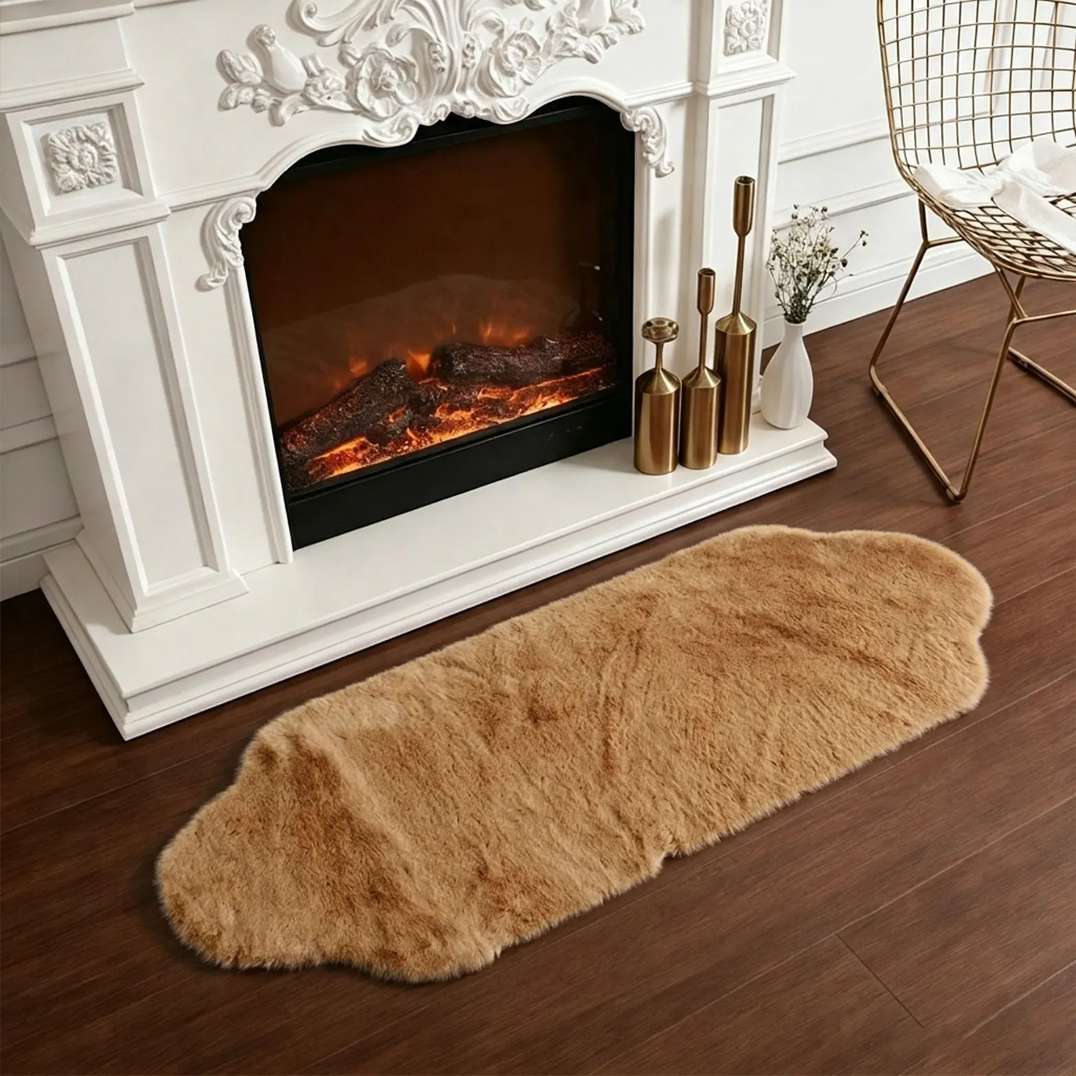 A Single-Sided Cloud Wave Edge Plush Long Rug, French Retro Style, Thickened for Use in Front of the Fireplace, Sound-Absorbing, Dirt-Resistant, Ambiance-Enhancing, Irregular-Shaped Carpet