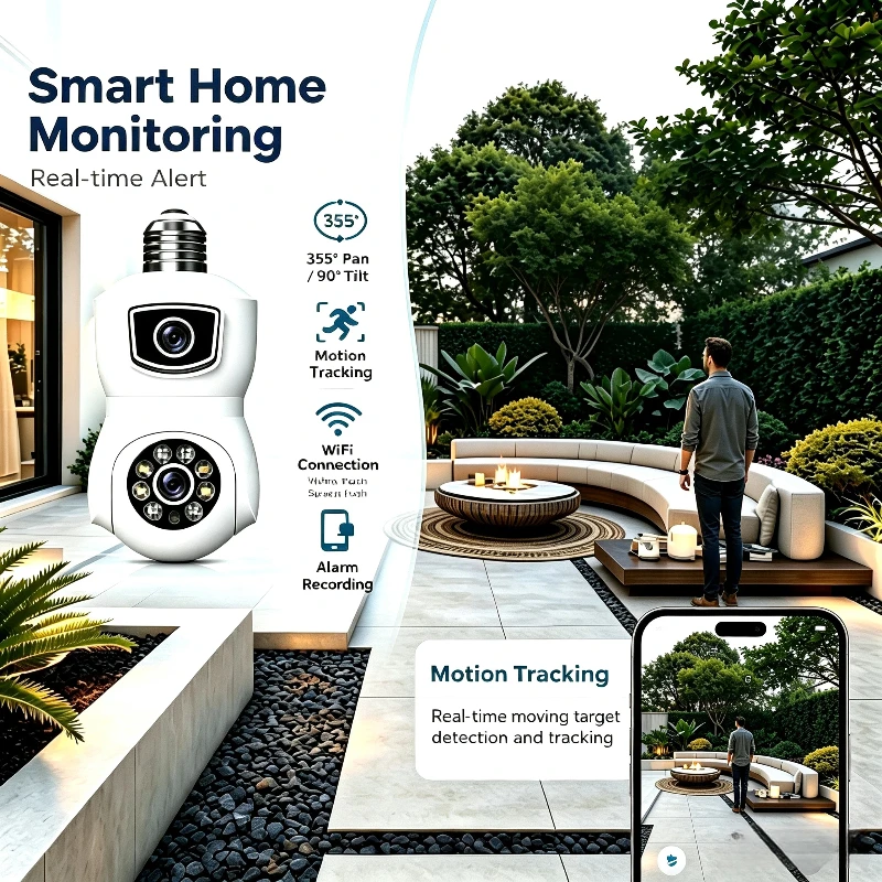 Psennikow 4K 8MP E9 Bulb WiFi Baby Monitor Camera Dual Lens Dual Screen Auto Tracking Two Way Audio  Night Vision Security Prote
