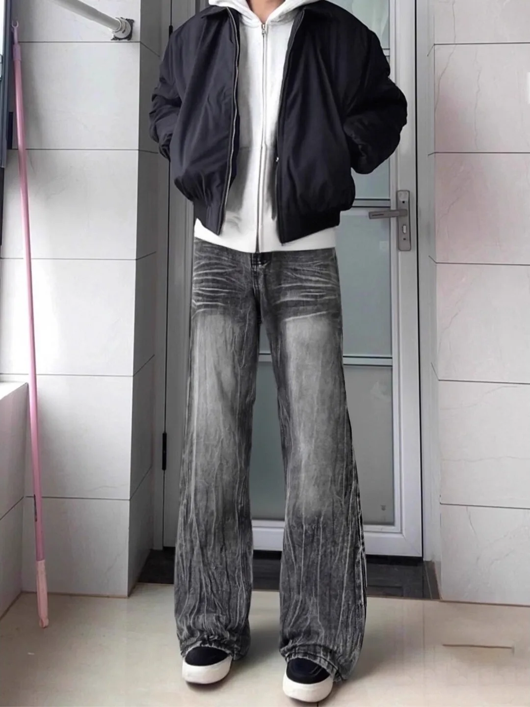 

Waed Bla Lightning Pattern Men's Jeans Winter High Street Fce Lined Straight Leg Pants Lengthening Effect mid Waist