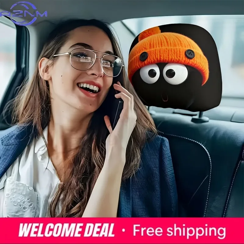 Universal Orange Knitted Printed Car Headrest Cover 2Pcs Comical Funny Polyester Auto Interior Decoration Practical Car Gift