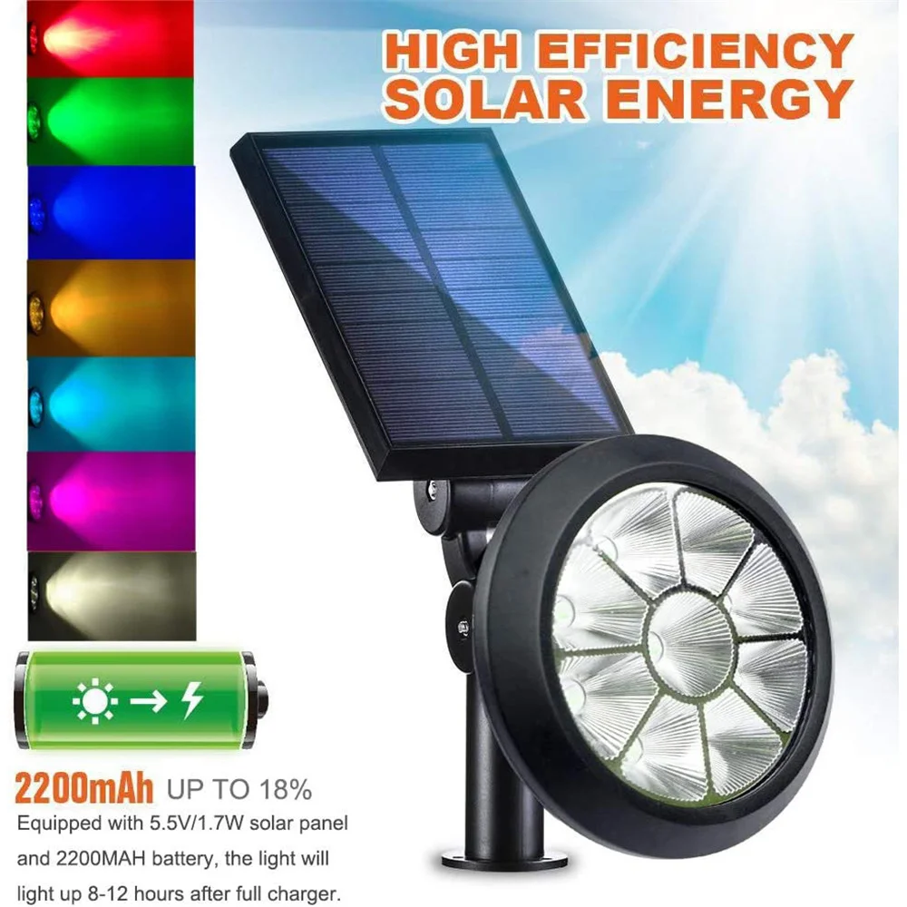 Solar Powered Outdoor 9 LEDs RGB Color Spot Light with Auto On/Off Landscape Decoration for Lawn,Patio,Yard