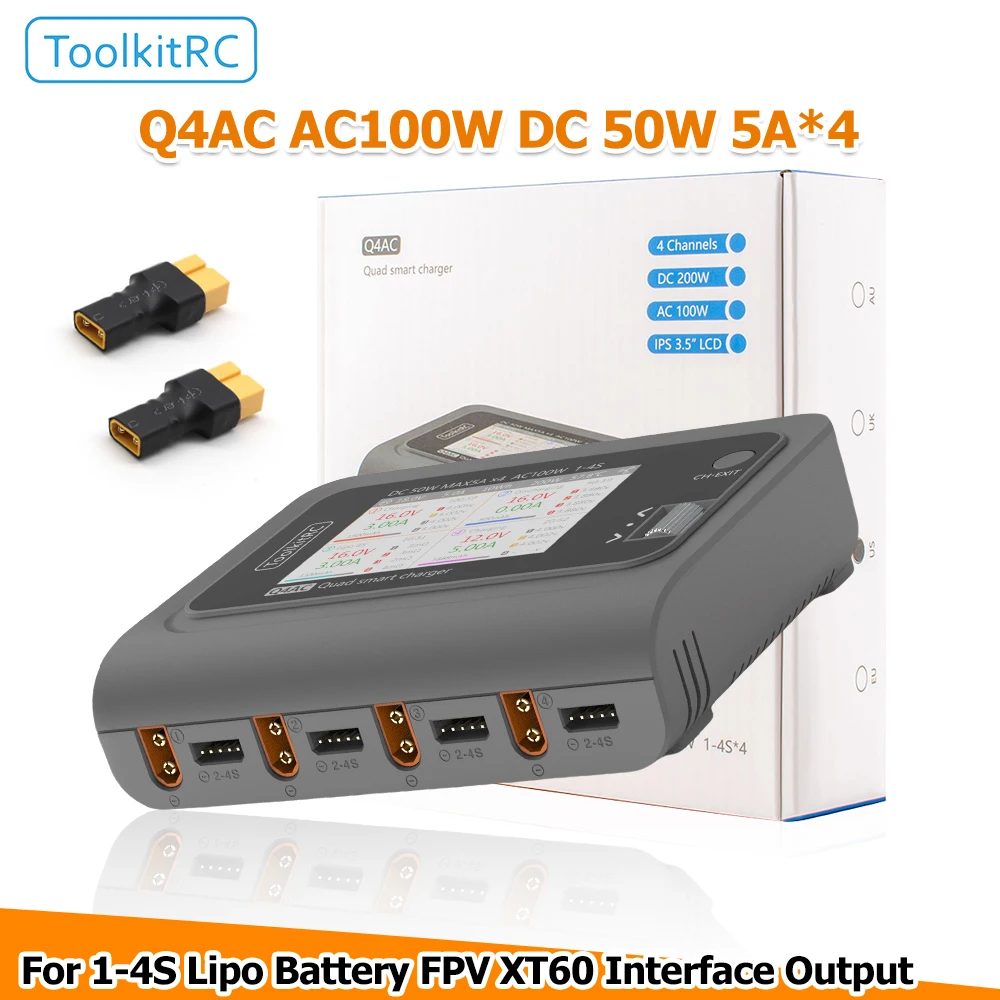 

NEW ToolkitRC Q4AC 4x50w 4-Ports AC/DC LCD Display Smart Charger/Discharger XT60 Port For RC LiPo/LiHV/LiFe/Lion Battery