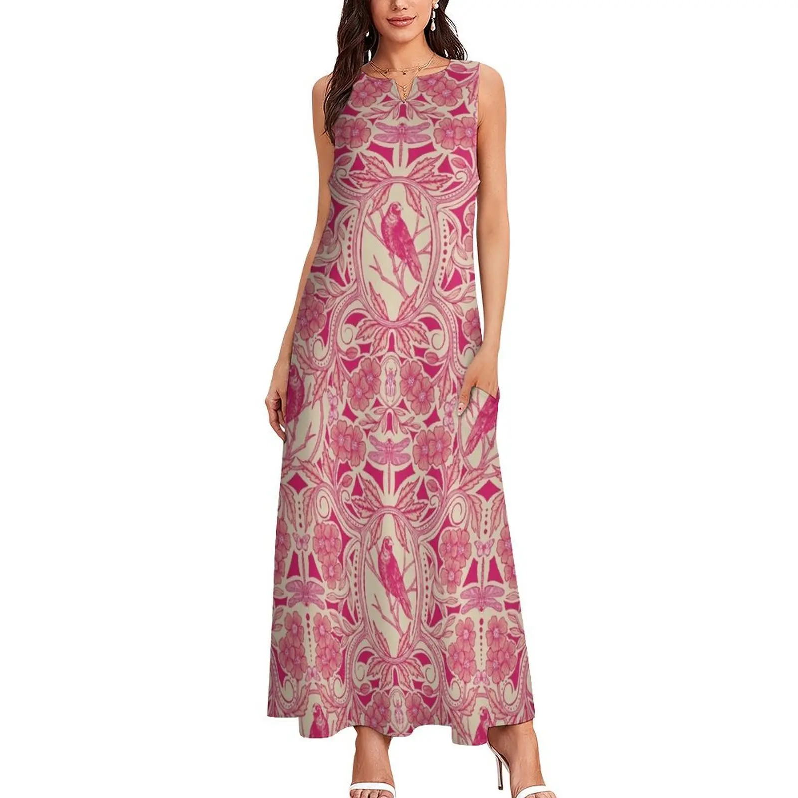 Hot Pink/Red & Cream Crow & Dragonfly Floral Long Dress elegant and pretty women