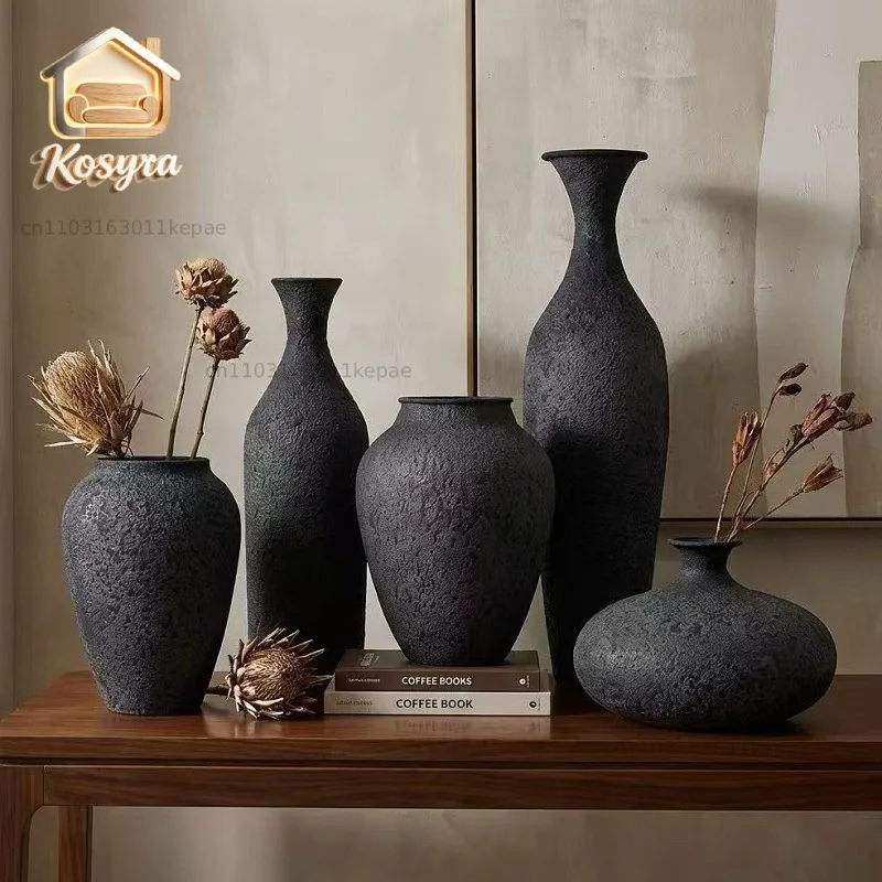 Wabi Sansan retro imitation coarse pottery vase high-end rough texture metal flower ware tea room atmosphere decoration
