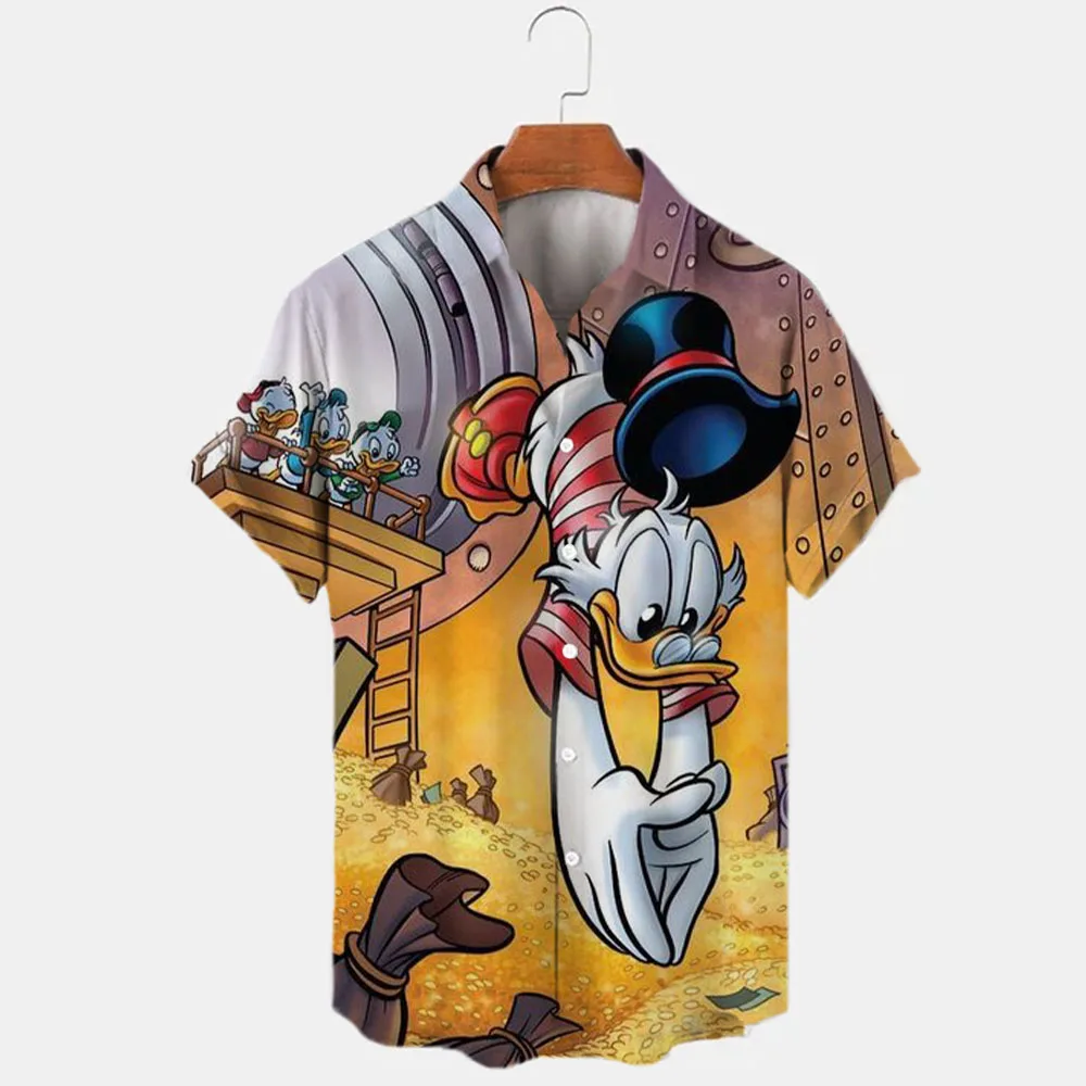 New Summer 2024 Disney Donald Duck And Mickey Brand Cartoon Casual 3D Printed Short Sleeve Lapel Shirt Slim Fit Men's Top