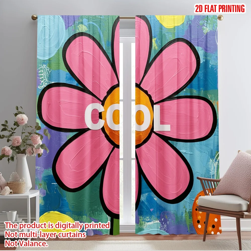 

2pcs 2D flat printing Window Curtains Floral Cool Polyester Without Electricity Family Party Use for Home & Party Decoration