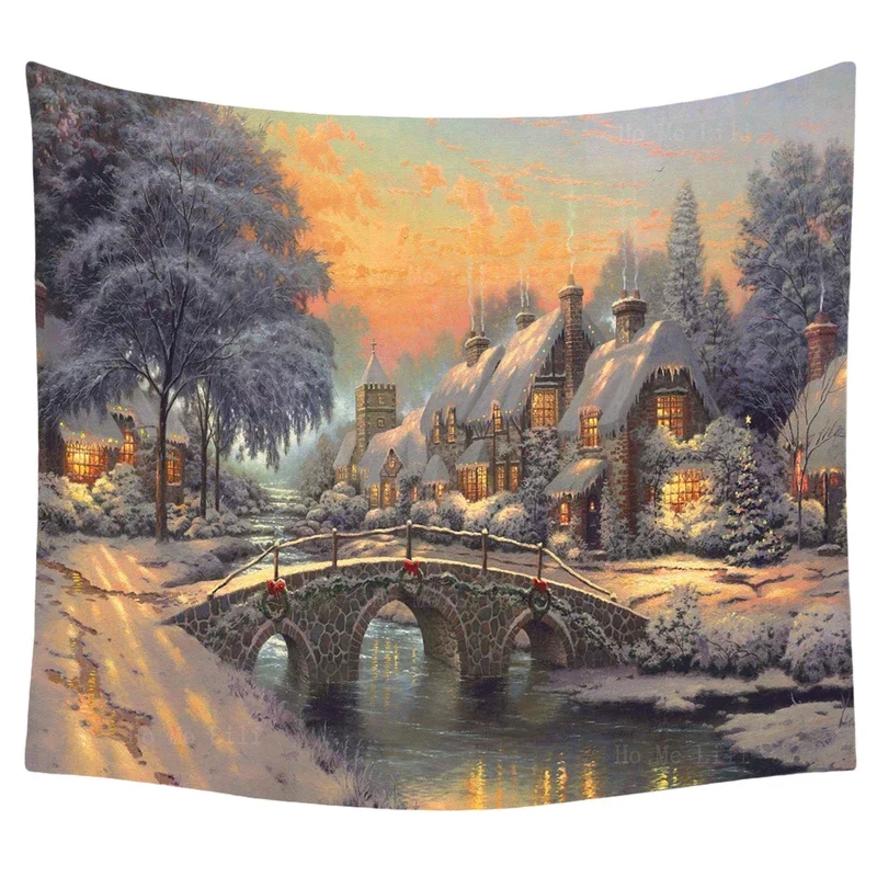 Winter house cobblestone Christmas Eve classic festival painting tapestry for home wall decor by Ho Me Lili