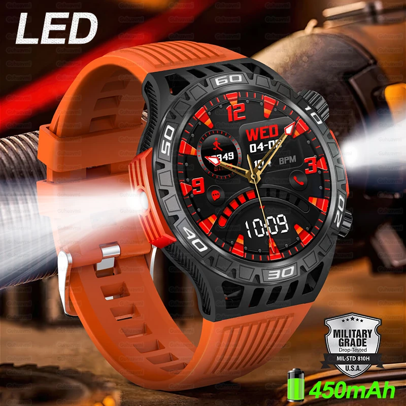 LED Flashlight Professional Outdoor Men Smart Watch 450mAh Battery 100+ Sport Mode 10 Meter Waterproof Compass BT Call Smartwath