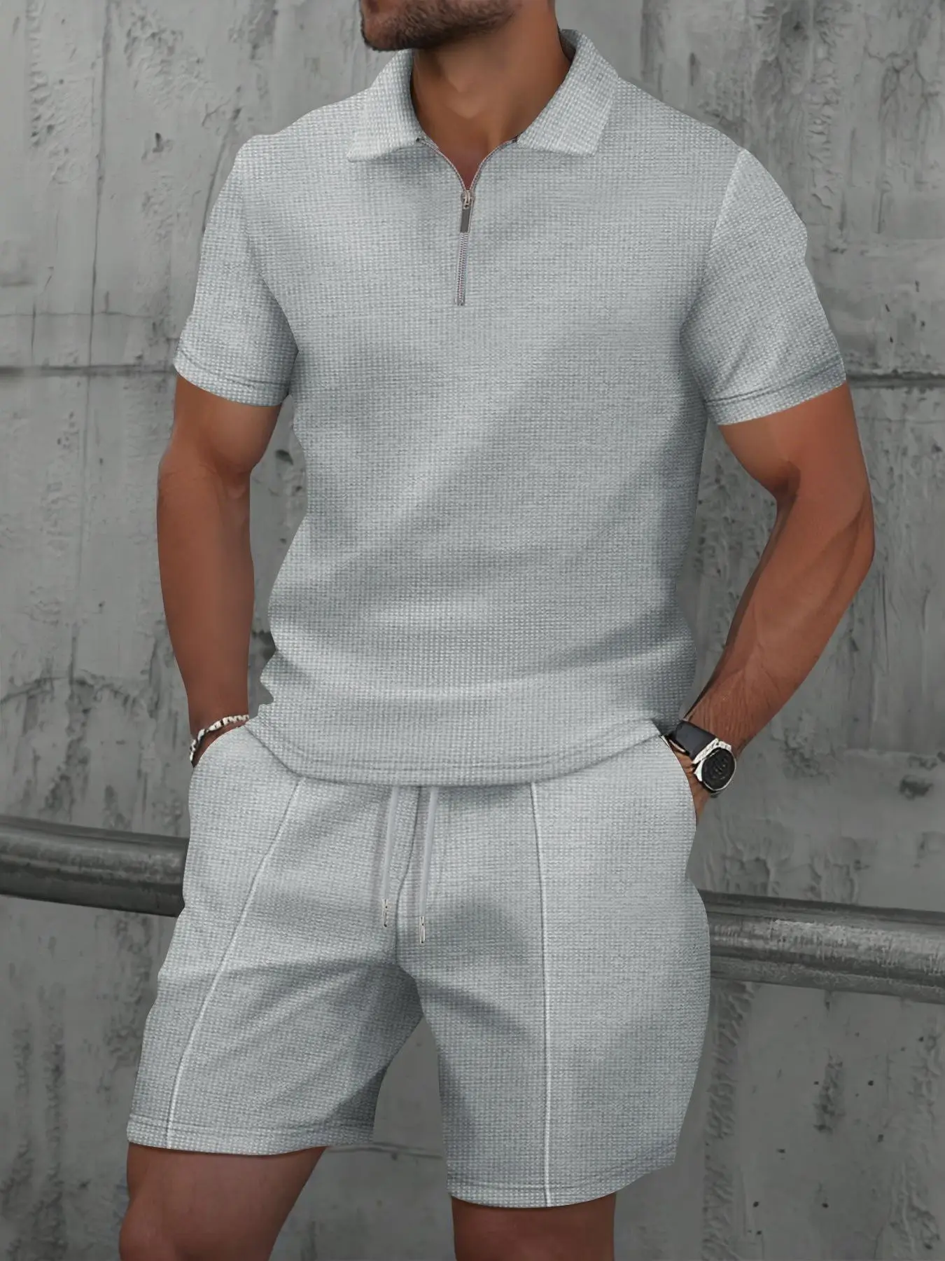 

Summer Casual Men's Zipper Pure Color irt ort Sve T-irt orts Set Zipper Collar ort Sve Leisure Outfit