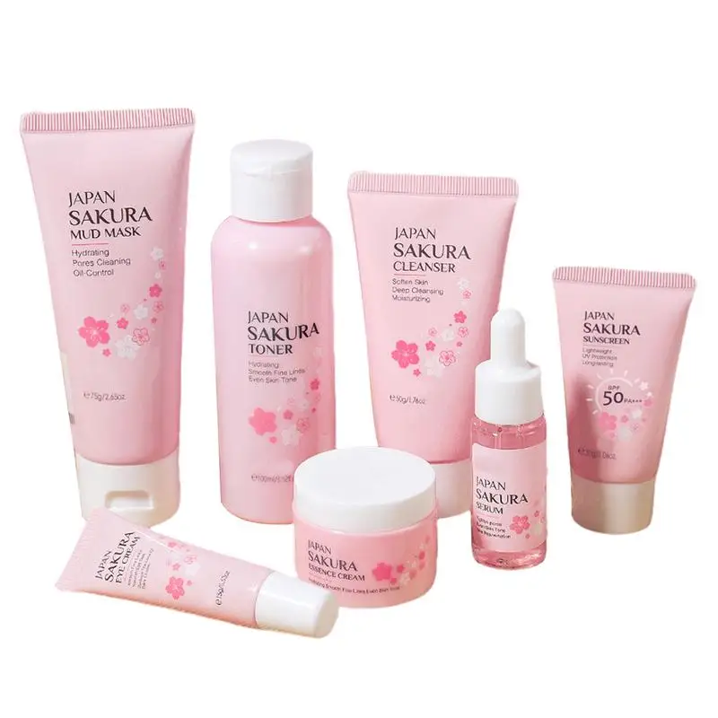 7pcs Sakuras Skincare Sets Facial Cleanser Toner Cream Sunscreen Facial Care Sakuras Brightening Skin Travel Kit For All Skin