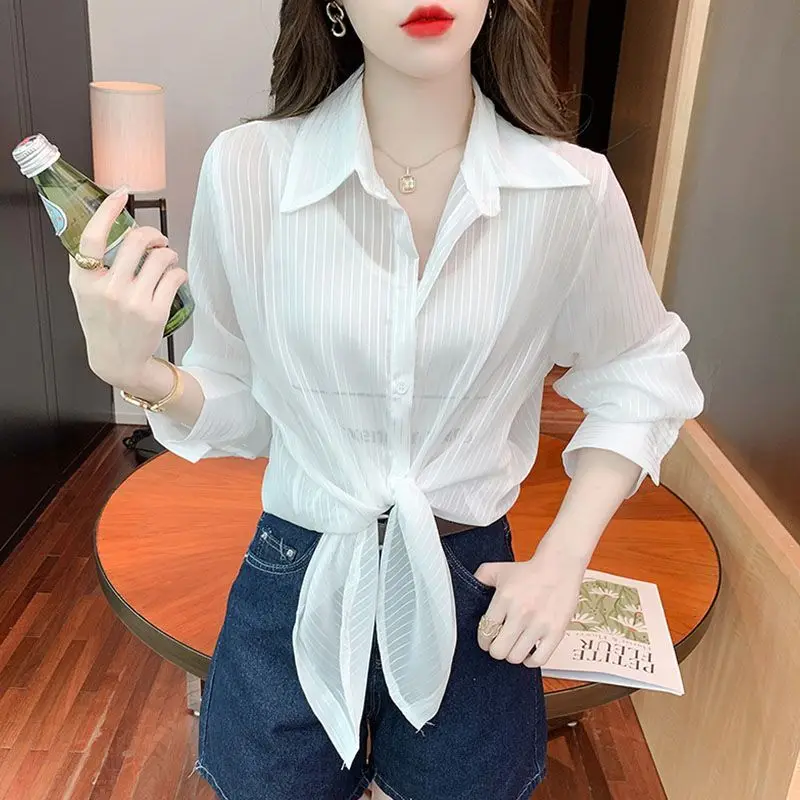 Black Top Elegant Chic Summer Blouse for Women Long Sleeve Transparent Youth Korean Fashion Casual Loose Women\'s Buttoned Shirts