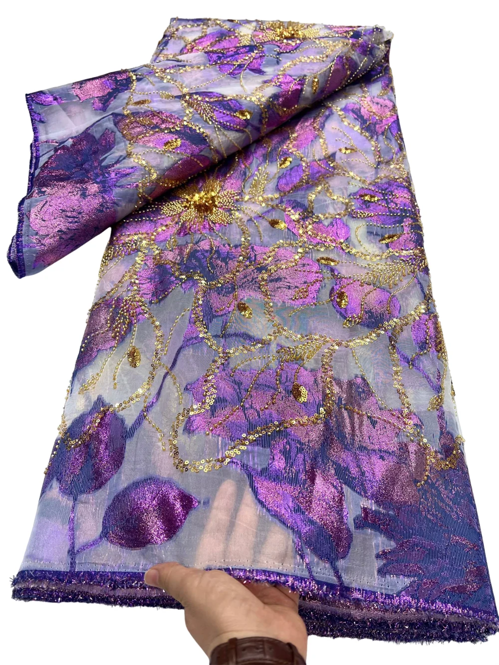 

2025 Nigerian Bead Sequins Brocade Jacquard Lace Fabric African 5Yards Fashion Embroidered Lace Fabrics For Women Sewing Prom HD