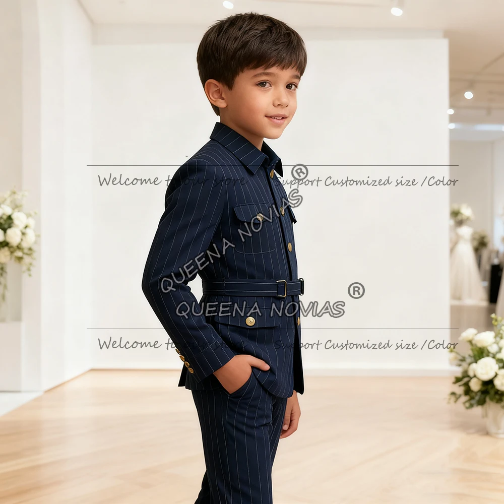 

Classic Stripes Boy's Suit Attire Safari Style Jacket Pants 2 Piece Sets Customized Single Breasted Blazers Children Tuxedos
