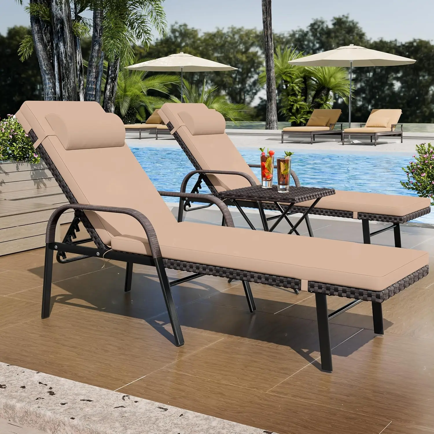 Patio Chaise Lounge Set 3 Pieces Outdoor Lounge Chair With Rattan Adjustable Backrest Armrest And Folding Table For Beach