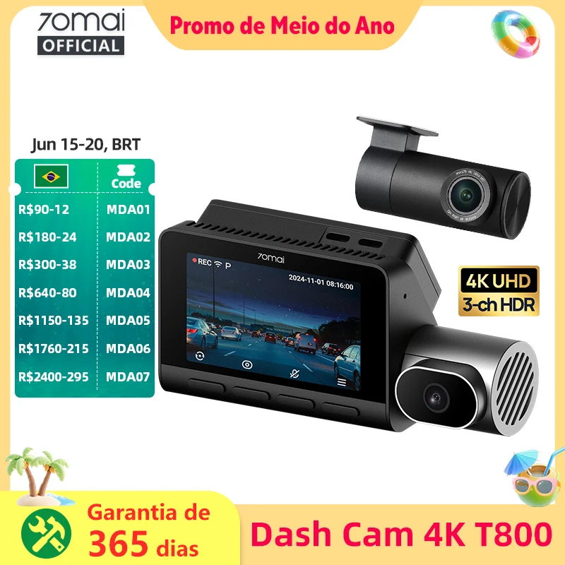 70mai t800 3 canais hdr carro dvr frente 4k + traseira 4k/1080p + interior 1080p controle de voz super capacitor gps adas suporte 4g wifi 6