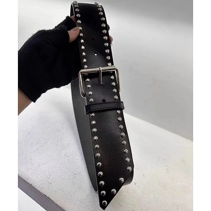 

Women's Fashion Genuine Leather Rivet Punk Corset Female Cummerbund Coat Waistband Dress Decration Wide Belt J212