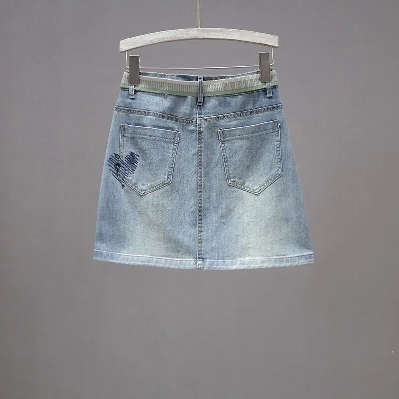 Heart Print Denim Skirt for Women Summer Korean Style Hot Fix Rhinestone Woman Clothes Modesty Cover High Waist Bodycon Skirt