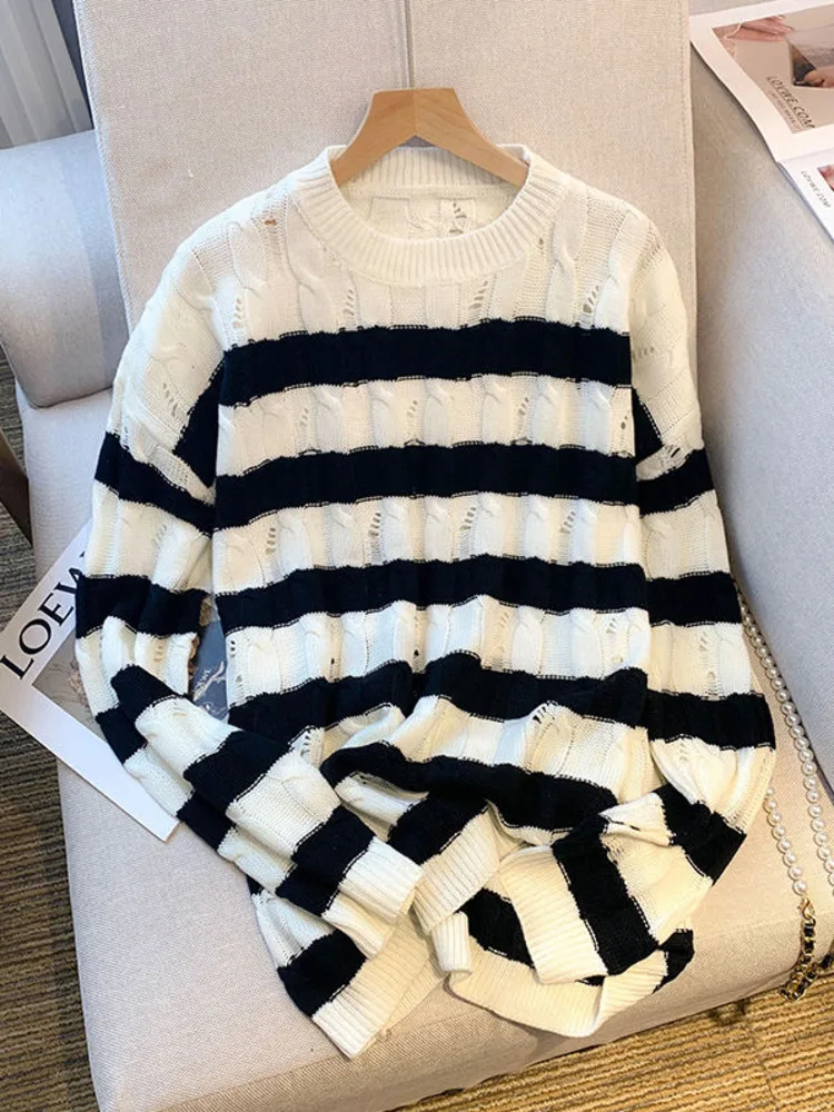 2022 Autumn New Loose Midi-length Pullovers Sweater Ripped Hole Lazy Wind Knitted Tops Black White Striped Loose Chic Jumpers