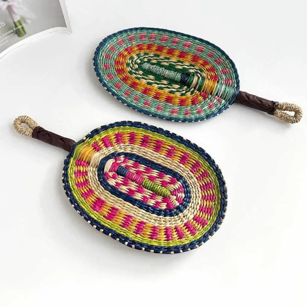 

Colorful Striped Patterns Seagrass Woven Fan Vintage Bohemian Hand Braided Fan Portable Lightweight Summer Cooling Fan