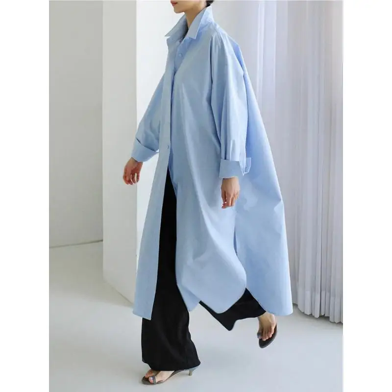 

Dimanaf Women Blue Big Size Long Casual Blouse New Lapel Long Sleeve Loose Fit Shirt Fashion Tide Spring Autumn 2024