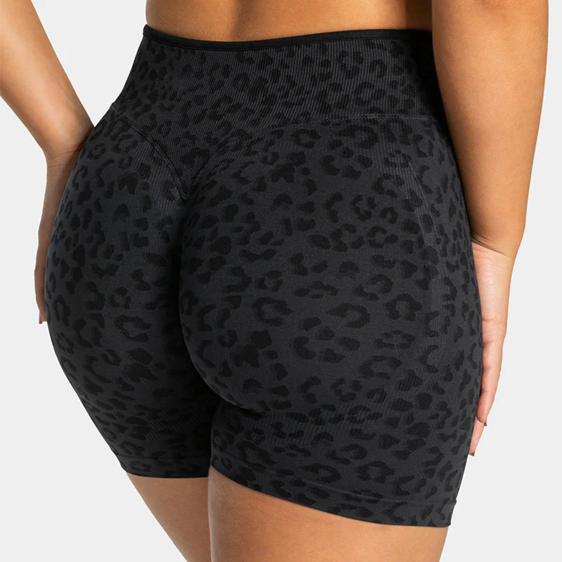 Leopard Print Gym Shorts Women Seamless High Waist Scrunch Butt Lifting Yoga Shorts Workout Running Fitness Tummy Control Shorts